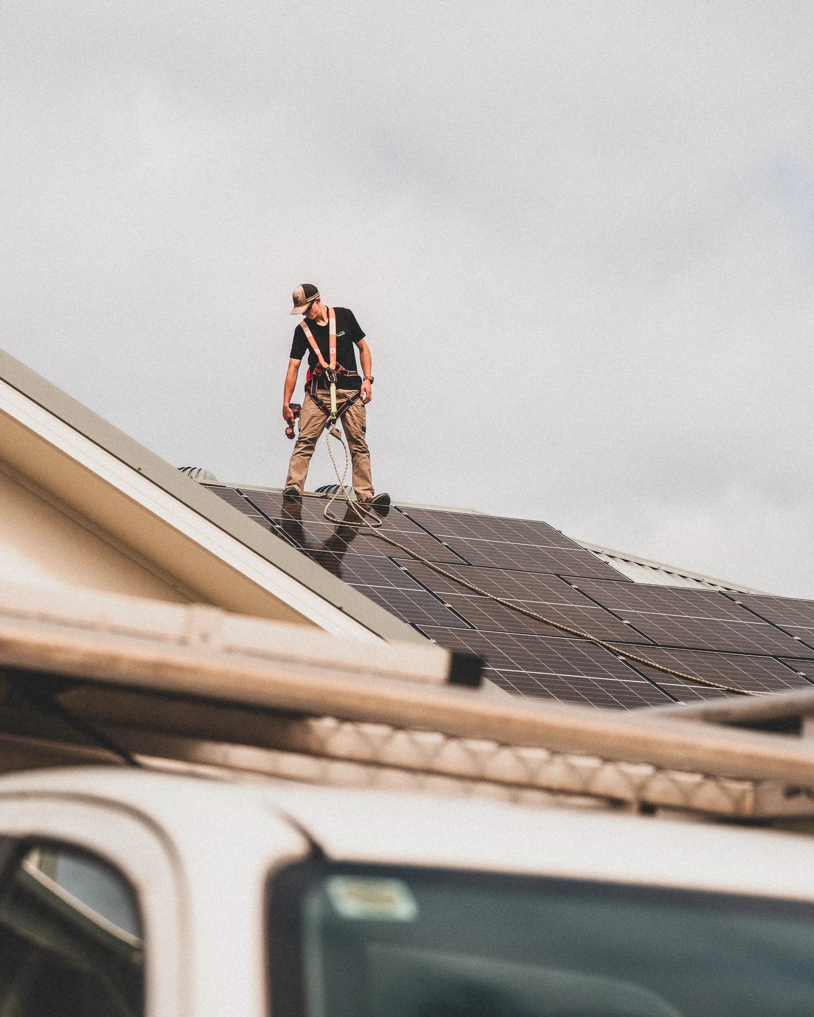 Solar panel array installation on residential rooftop