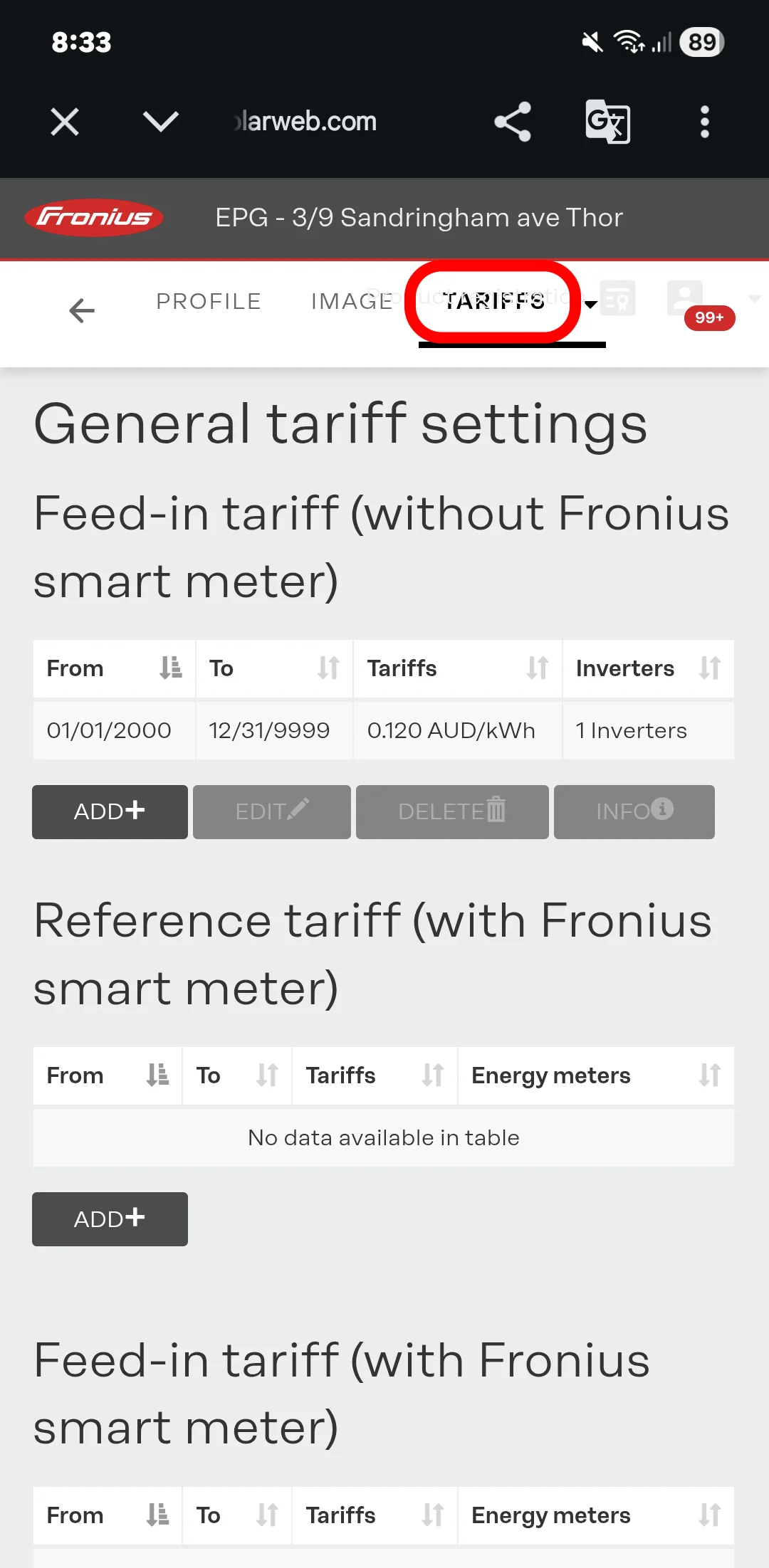 Fronius general tariff menu