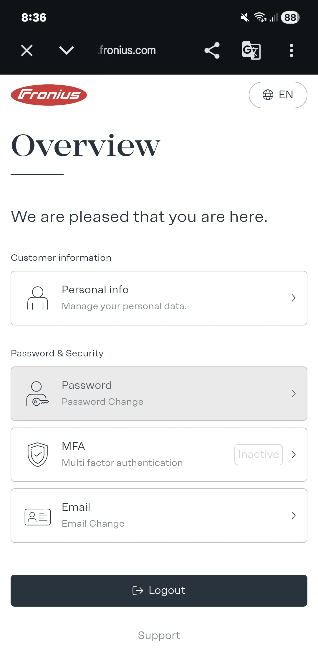 Changing personal info settings Fronius app