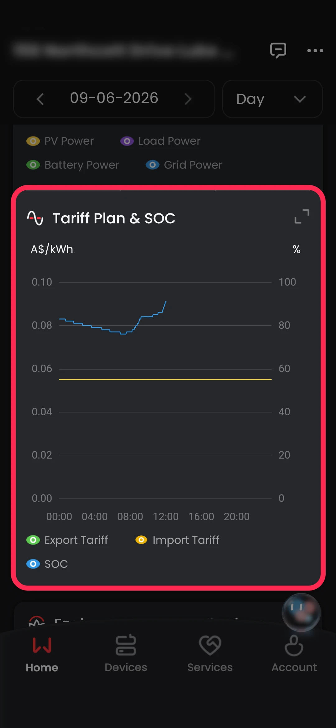 Tariff plan and state of charge metrics GoodWe