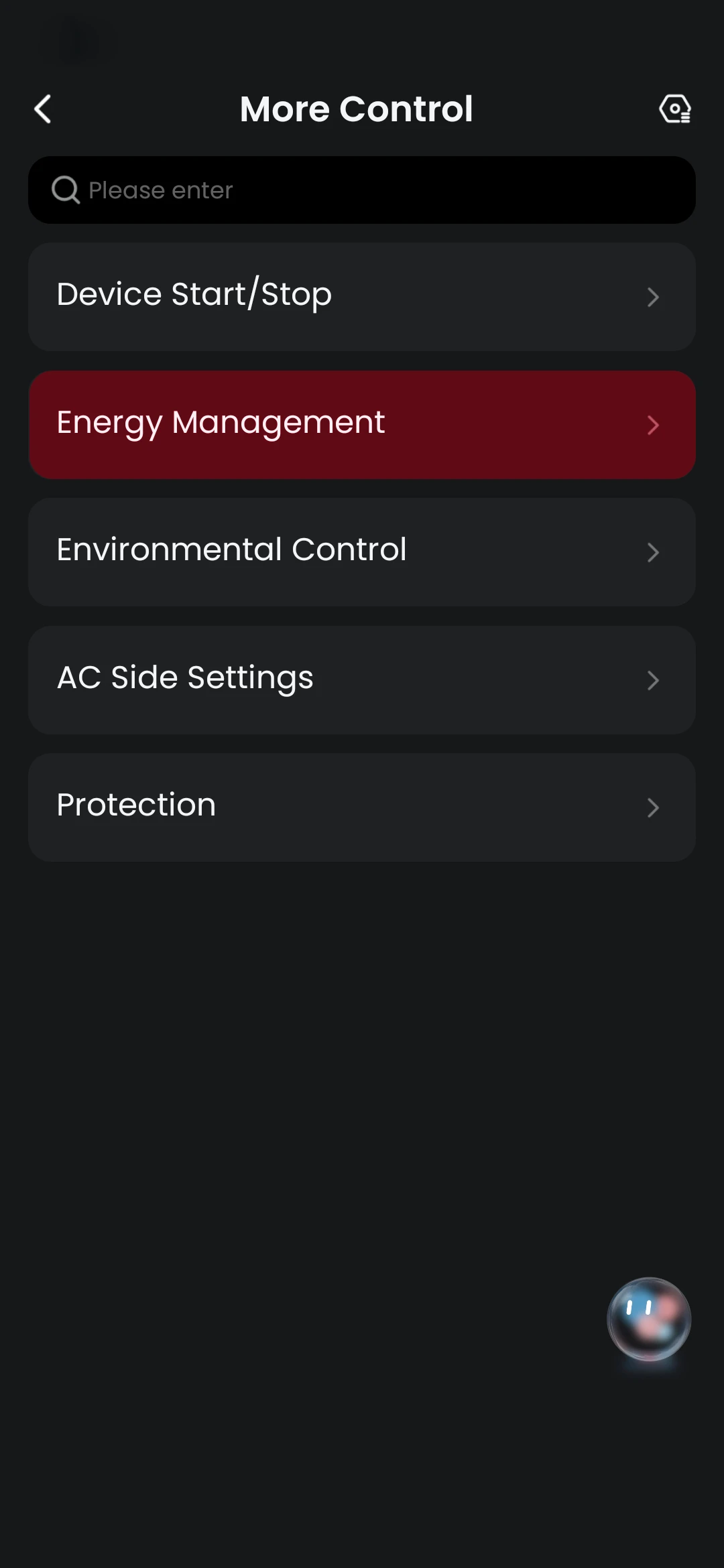 Energy management settings on GoodWe's Solar app