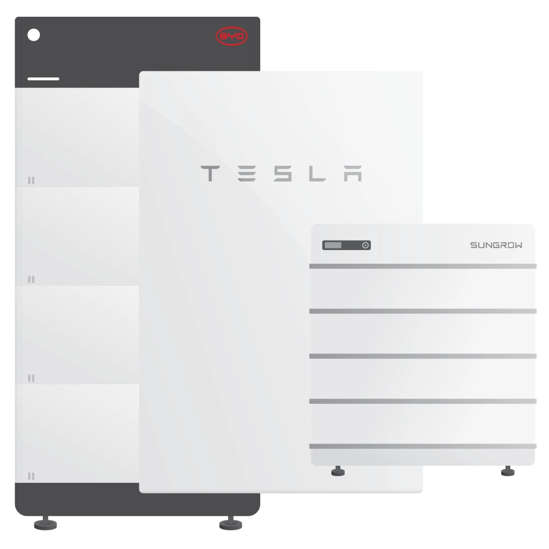 Tesla Powerwall, BYD Battery-Box, and Sungrow