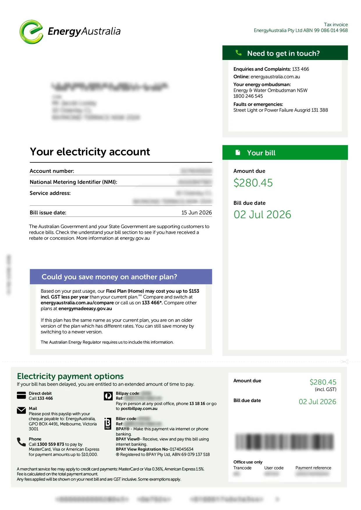 Energy Australia energy bill account